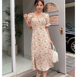 NEW!  Size 6 Floral Print Ruched Bust Puff Sleeve Split Hem